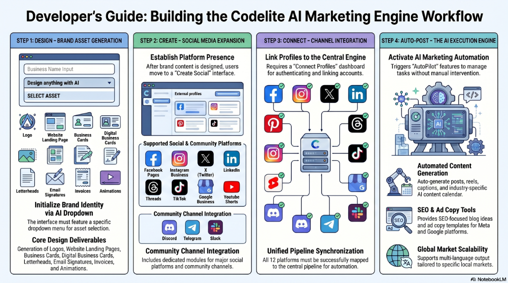 Developer's guide diagram showing design, create, connect and auto-post stages of the Codelite AI marketing engine